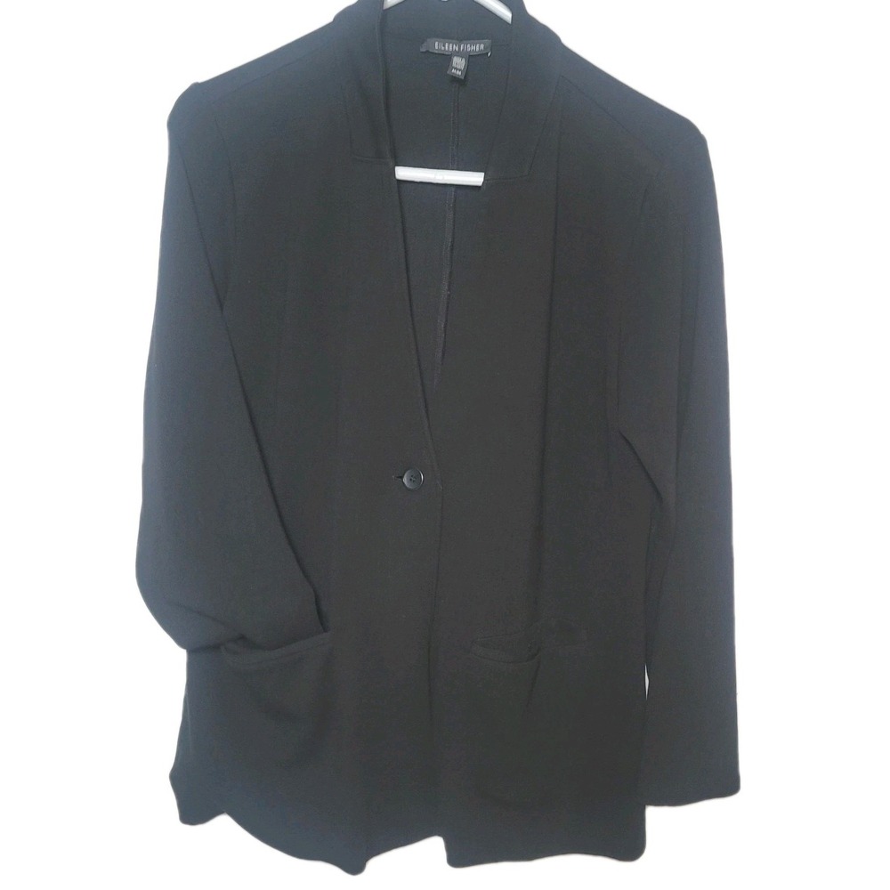 EILEEN FISHER Blazer Medium One Button Black Stretch Jersey Work Casual Business